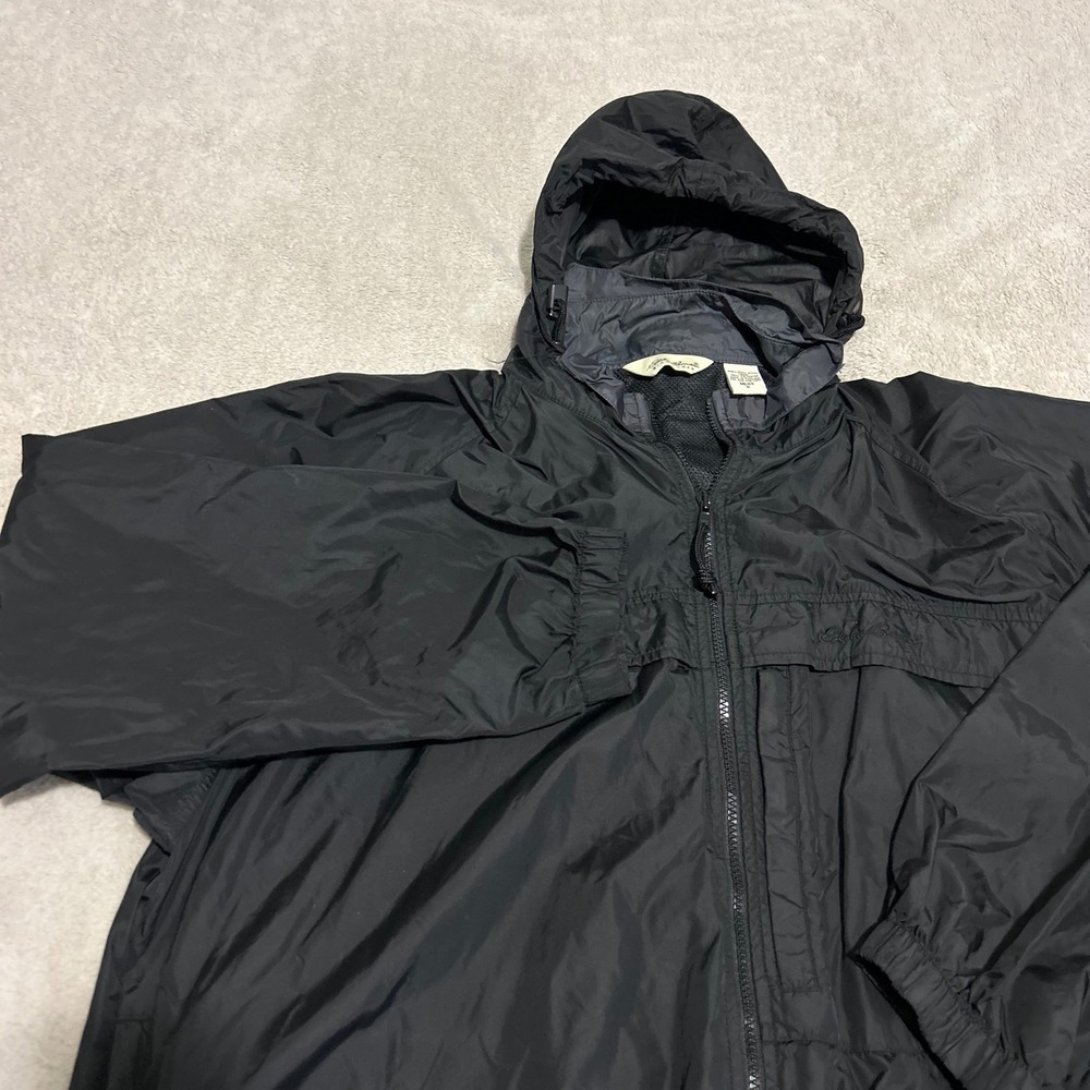 Eddie Bauer Windbreaker Rain Jacket Mens L Black Hooded Full Zip Hide Away Hood